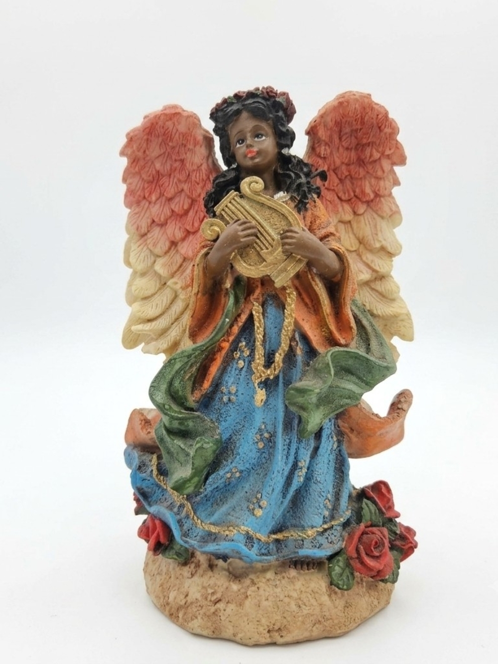 BTC Musical Angel Figurine Holding Harp with Roses